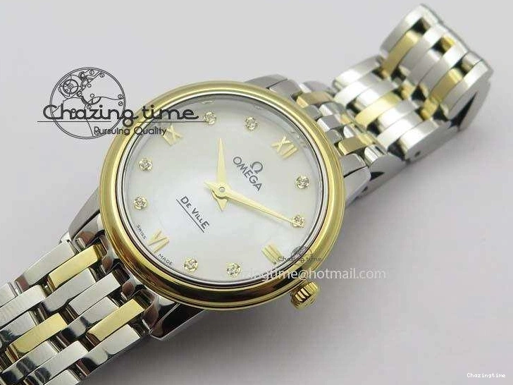 0503 OnTrend De Ville 27mm SS YG Ladies MK 1:1 Best Edition White MOP Dial Diamond Markers On SS Bracelet Ronda Quartz 8187